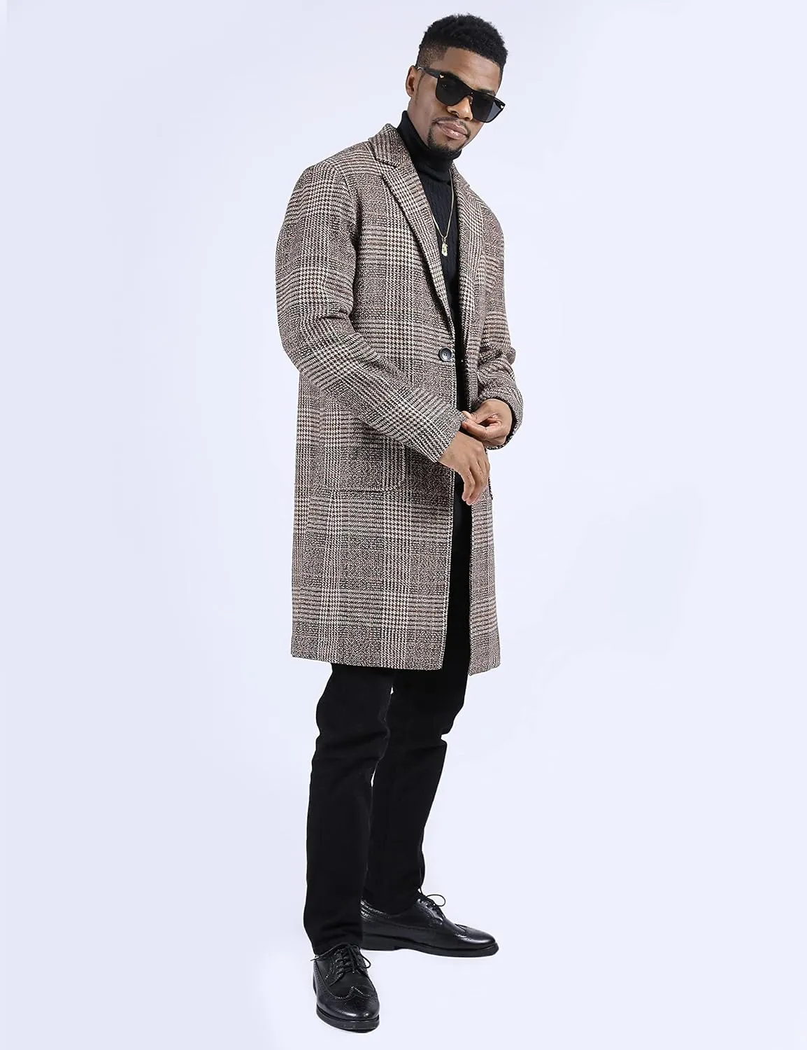 UANEO Mens Winter Trench Coat Notched Collar Single Breasted Plaid Mid Long Peacoat Overcoats with Pockets