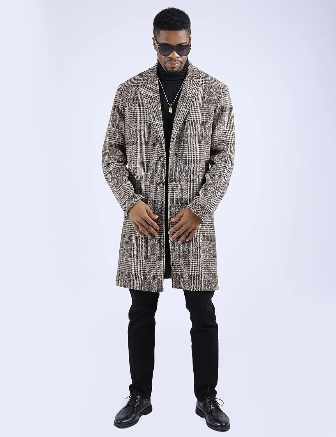 UANEO Mens Winter Trench Coat Notched Collar Single Breasted Plaid Mid Long Peacoat Overcoats with Pockets