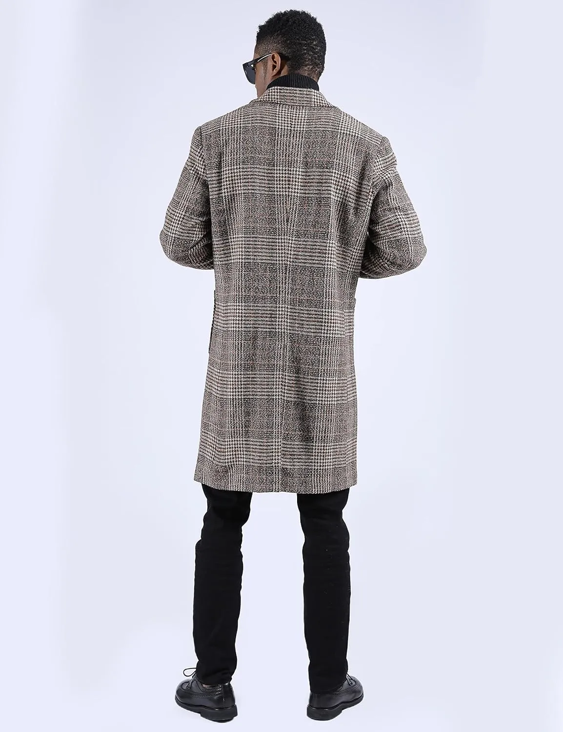 UANEO Mens Winter Trench Coat Notched Collar Single Breasted Plaid Mid Long Peacoat Overcoats with Pockets