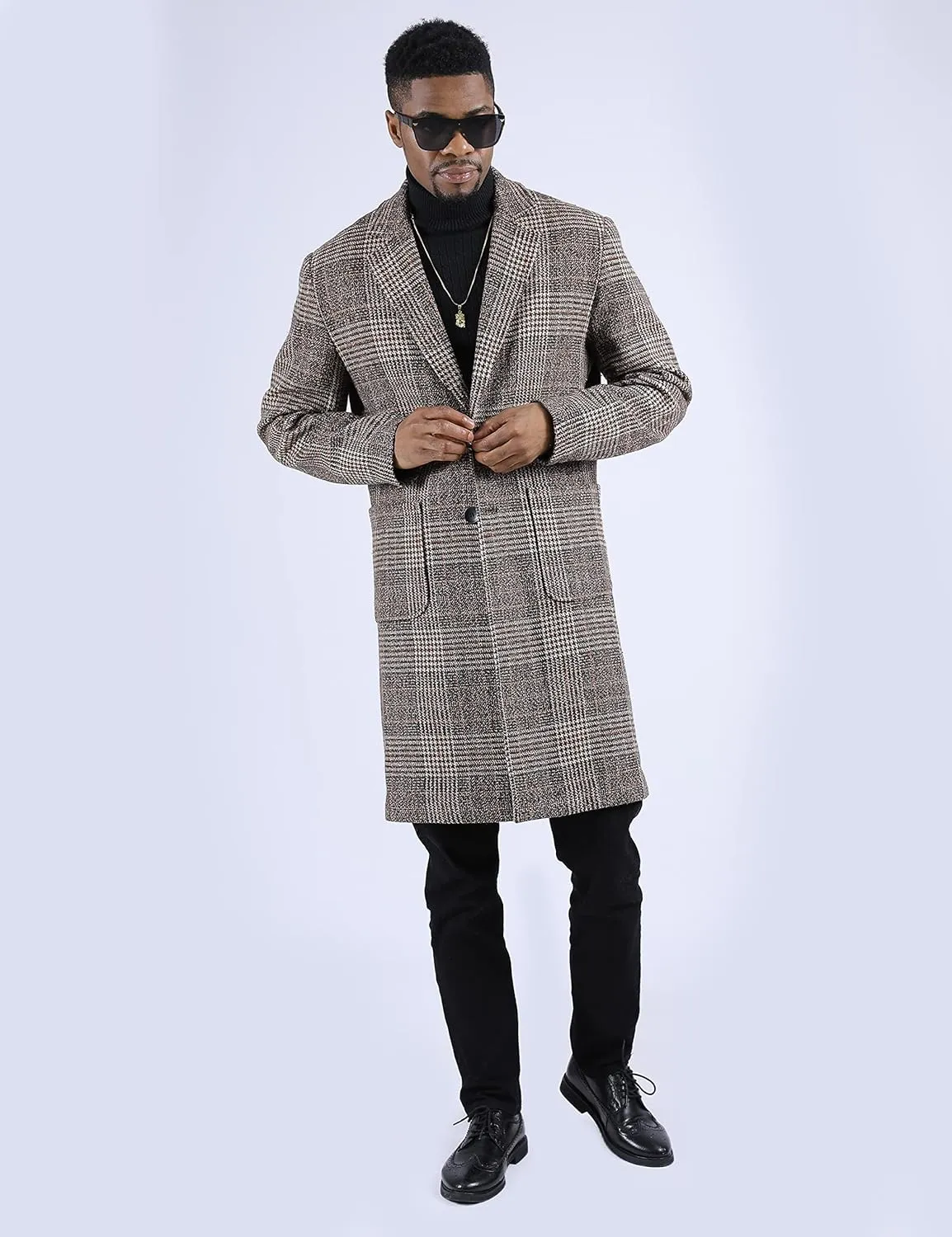 UANEO Mens Winter Trench Coat Notched Collar Single Breasted Plaid Mid Long Peacoat Overcoats with Pockets