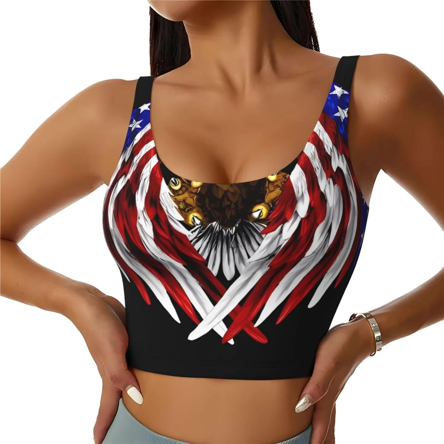 USA Flag Patriotic Eagle Women's Sexy Sports Vest Sleeveless Athletic Gym T-Shirts Vest U-Shaped Back Quick Dry Top