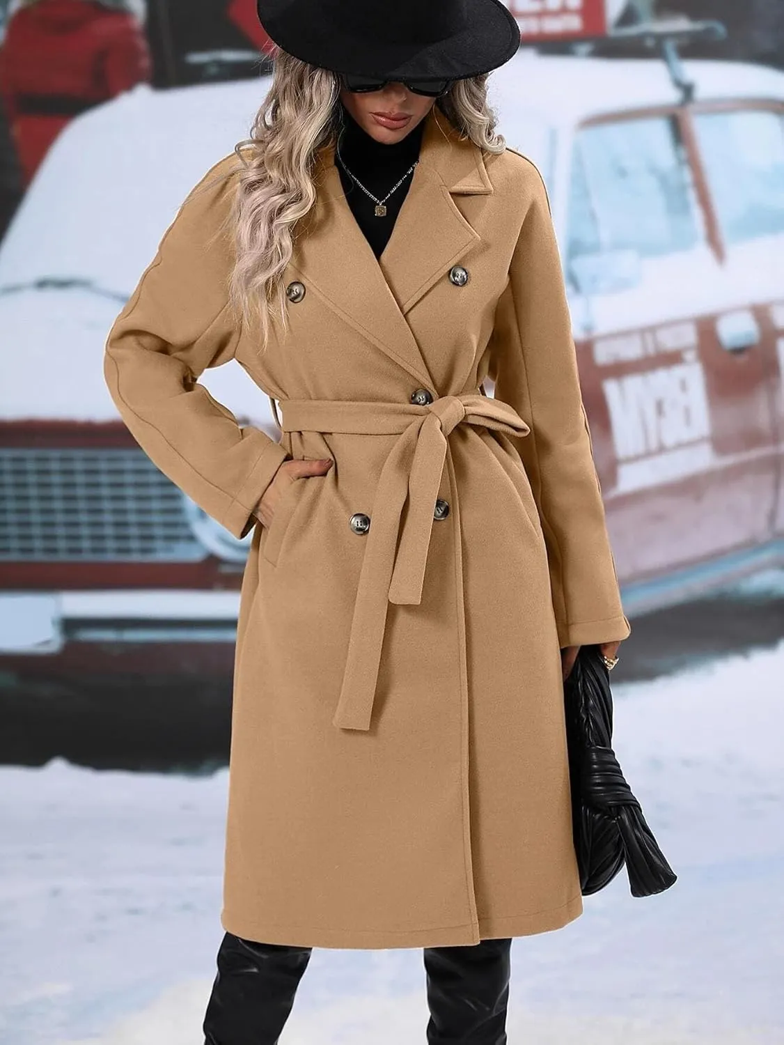utcoco Womens Long Wool Pea Coat Notched Lapel Double Breasted Trench Coat Winter Warm Overcoat with Belt
