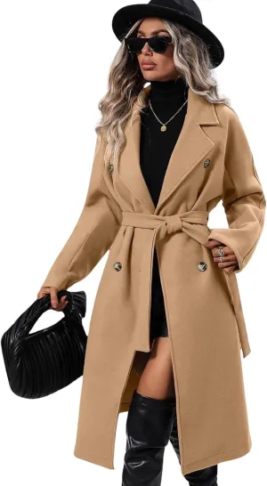 utcoco Womens Long Wool Pea Coat Notched Lapel Double Breasted Trench Coat Winter Warm Overcoat with Belt