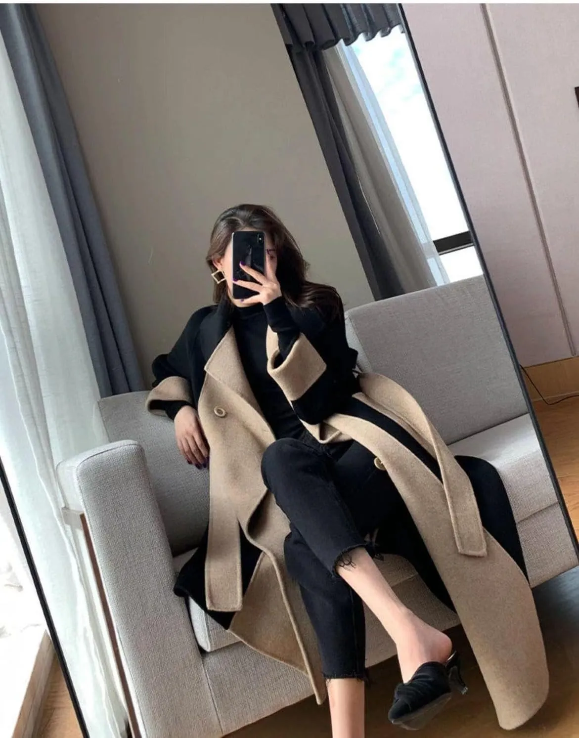 utcoco Womens Long Wool Trench Coat Notched Lapel Double Breasted Pea Coat Color Block Overcoat with Belt