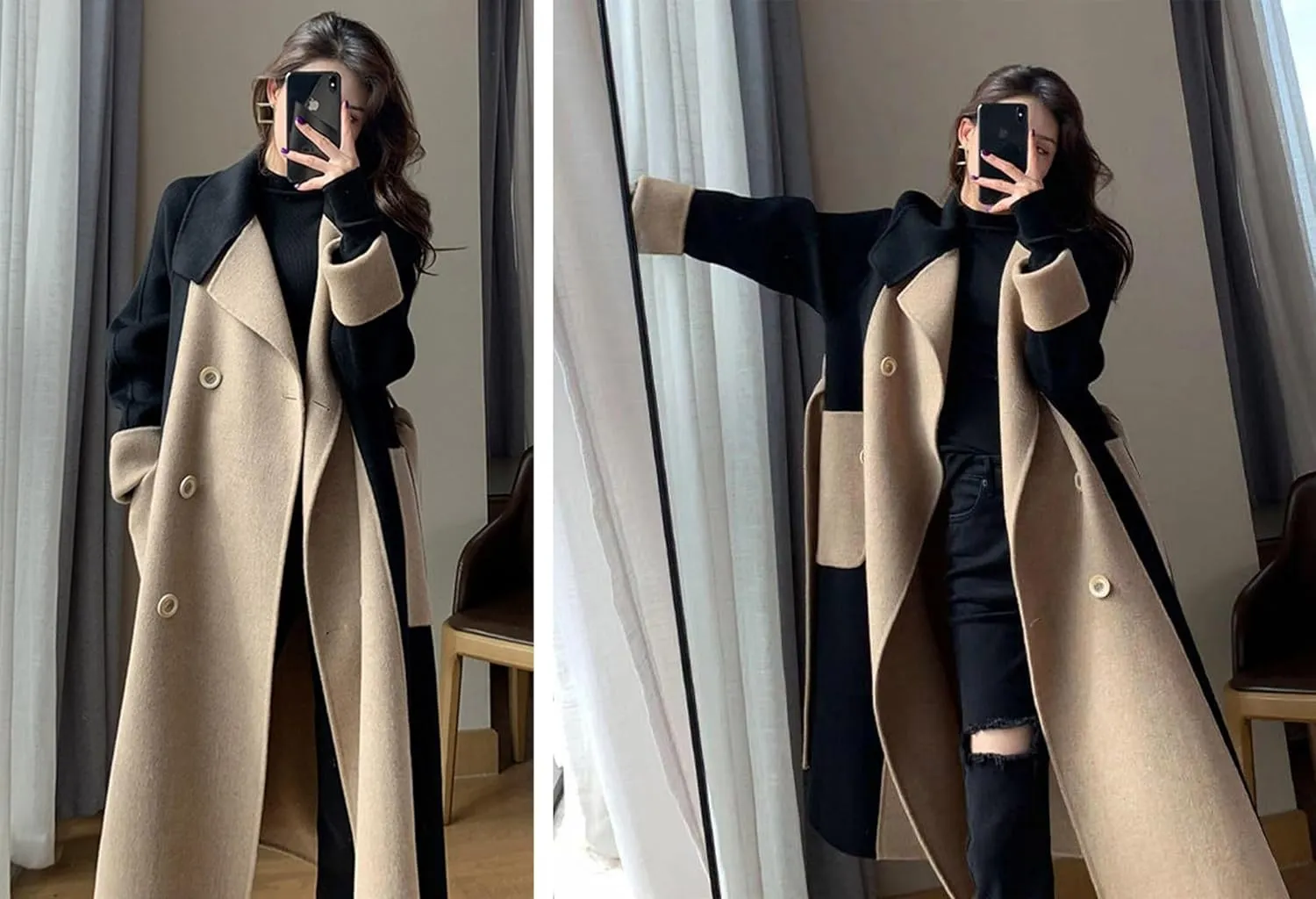 utcoco Womens Long Wool Trench Coat Notched Lapel Double Breasted Pea Coat Color Block Overcoat with Belt