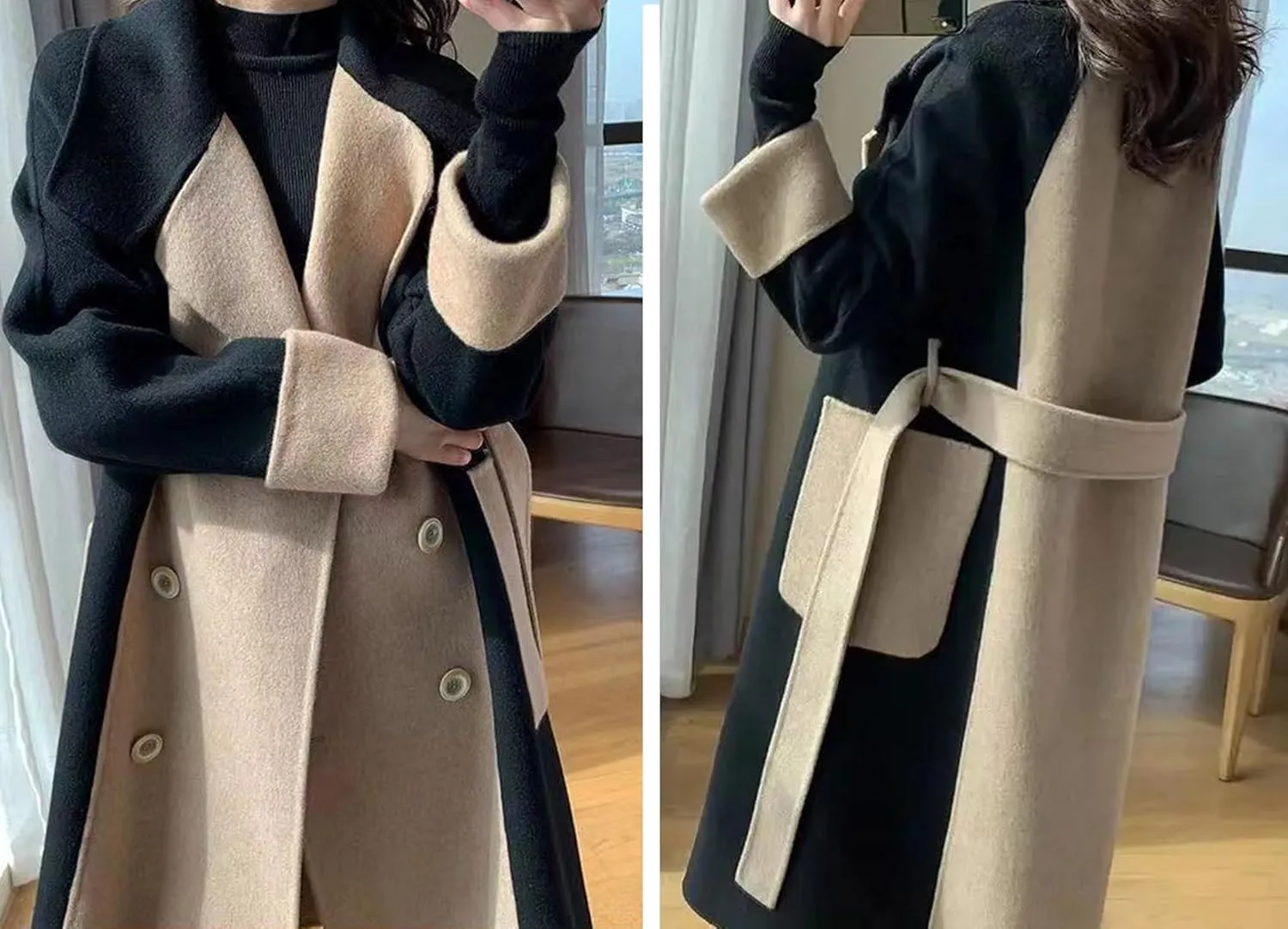 utcoco Womens Long Wool Trench Coat Notched Lapel Double Breasted Pea Coat Color Block Overcoat with Belt