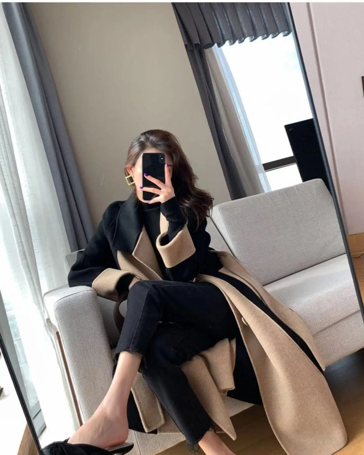 utcoco Womens Long Wool Trench Coat Notched Lapel Double Breasted Pea Coat Color Block Overcoat with Belt