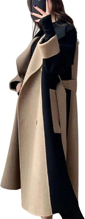 utcoco Womens Long Wool Trench Coat Notched Lapel Double Breasted Pea Coat Color Block Overcoat with Belt