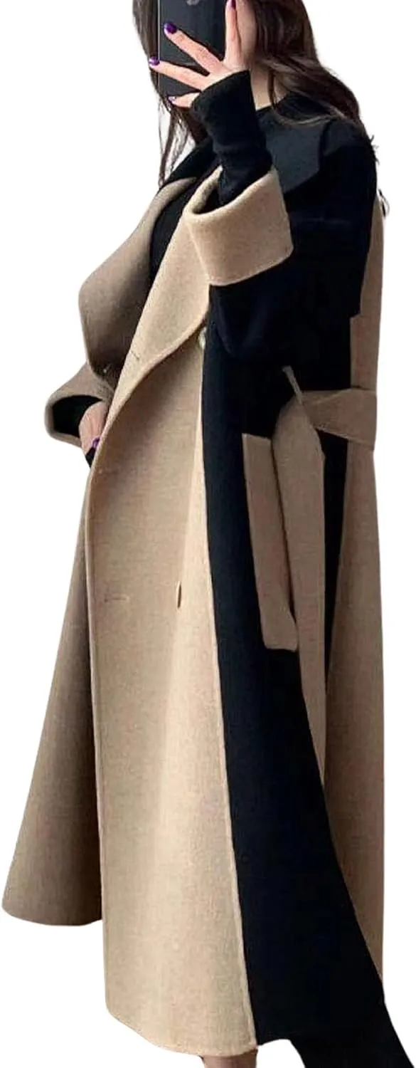 utcoco Womens Long Wool Trench Coat Notched Lapel Double Breasted Pea Coat Color Block Overcoat with Belt