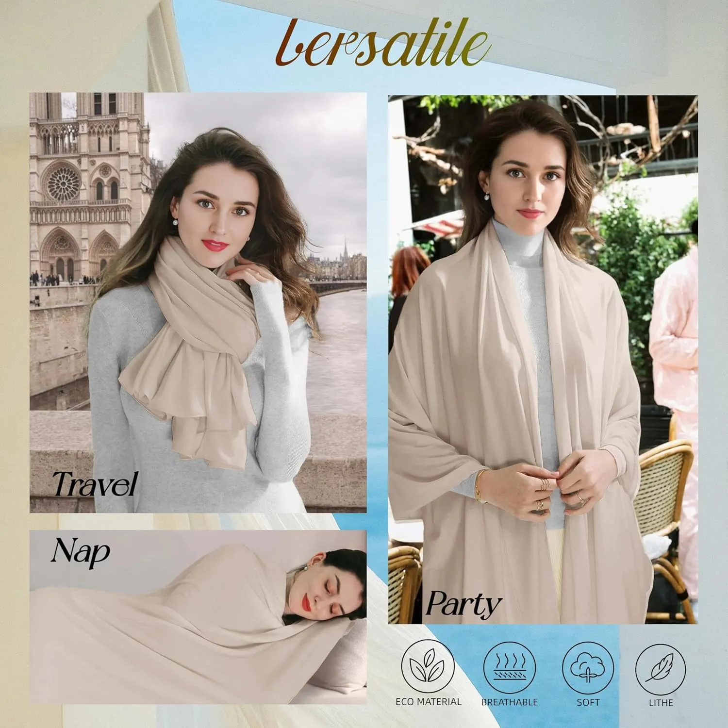 VENVSBEE Shawl Wraps for Women - Soft Silky Lightweight Travel Scarf and Airplane Essentials Accessory