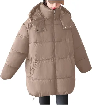 Warm Winter Coats for Women 2025 Trendy Solid Color Hooded Puffer Jacket Down Coat Zipper Puffy Bread Jackets