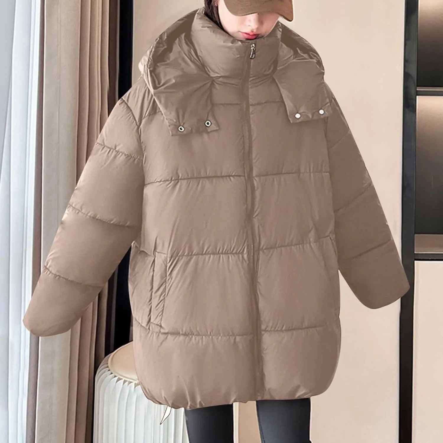 Warm Winter Coats for Women 2025 Trendy Solid Color Hooded Puffer Jacket Down Coat Zipper Puffy Bread Jackets