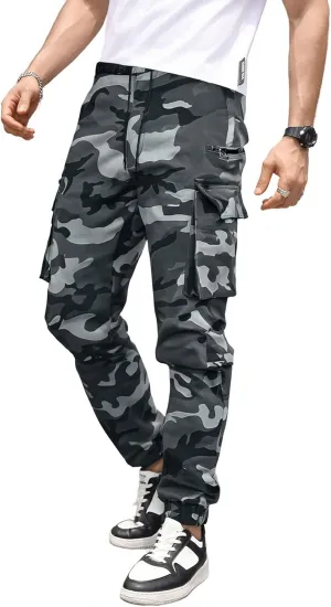WDIRARA Men's Camo Print Drawstring High Waist Cargo Pants Streetwear Joggers with Pockets