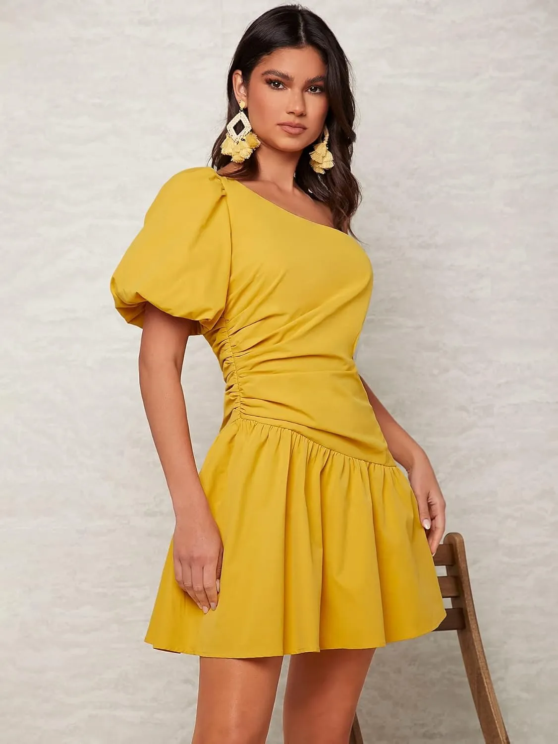 WDIRARA Women's One Shoulder Puff Short Sleeve Cut Out Ruched Ruffle Hem A Line Dress