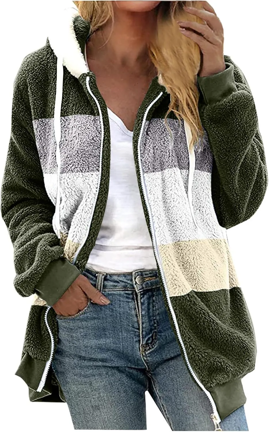 Winter Coats for Women 2024 Trendy Fuzzy Fleece Zip Up Hooded Jackets Lightweight Fluffy Sherpa Outerwear, Large
