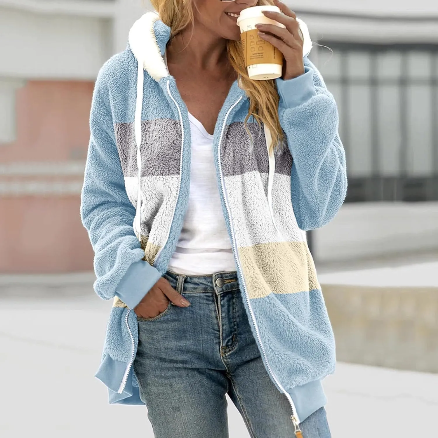 Winter Coats for Women 2024 Trendy Fuzzy Fleece Zip Up Hooded Jackets Lightweight Fluffy Sherpa Outerwear, Large