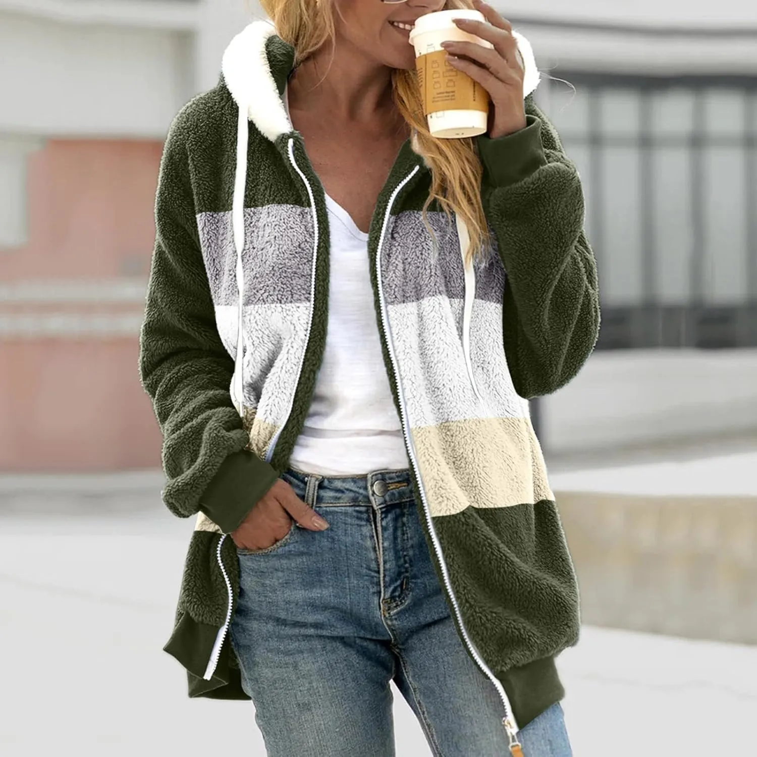 Winter Coats for Women 2024 Trendy Fuzzy Fleece Zip Up Hooded Jackets Lightweight Fluffy Sherpa Outerwear, Large