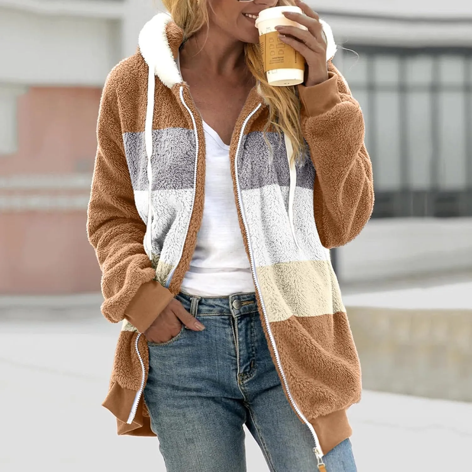 Winter Coats for Women 2024 Trendy Fuzzy Fleece Zip Up Hooded Jackets Lightweight Fluffy Sherpa Outerwear, Large