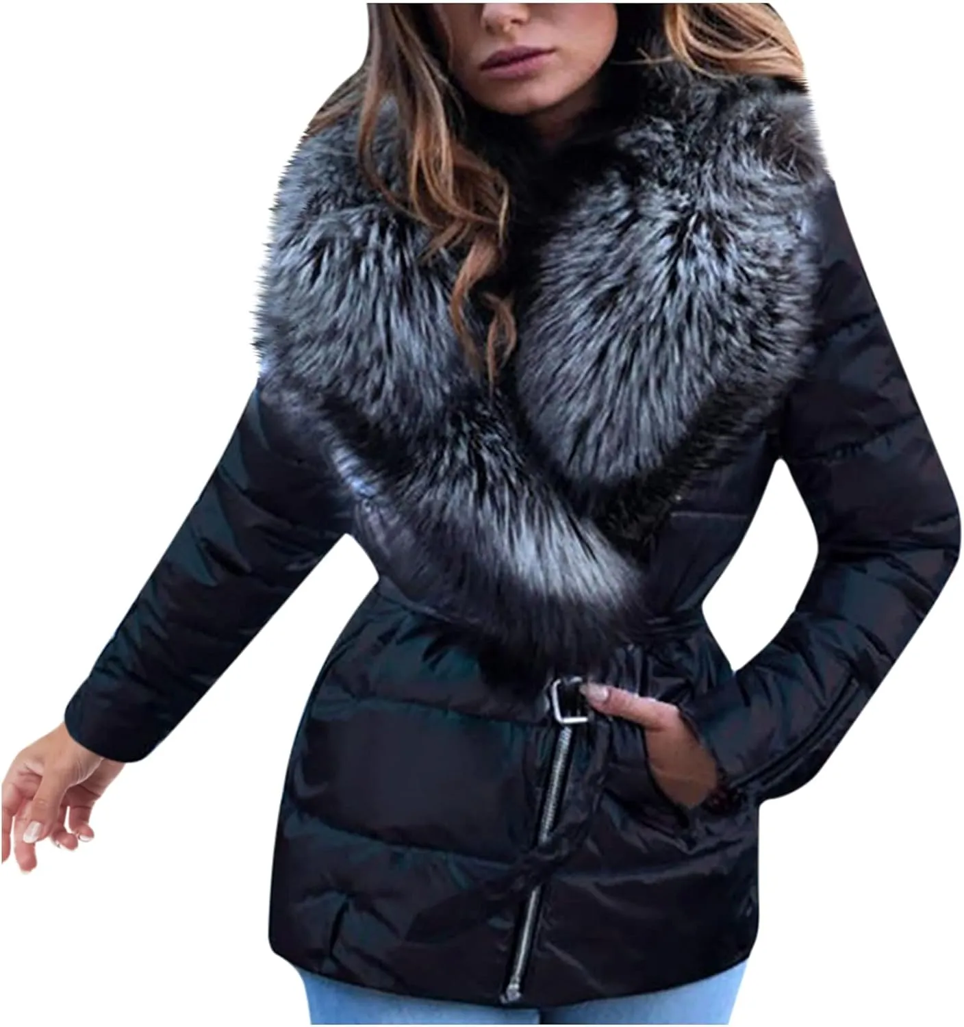 Winter Coats for Women Faux Fur Collar Metallic Puffer Jacket Asymmetrical Zipper Warm Down Jackets with Pockets