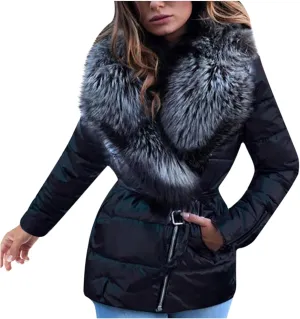 Winter Coats for Women Faux Fur Collar Metallic Puffer Jacket Asymmetrical Zipper Warm Down Jackets with Pockets