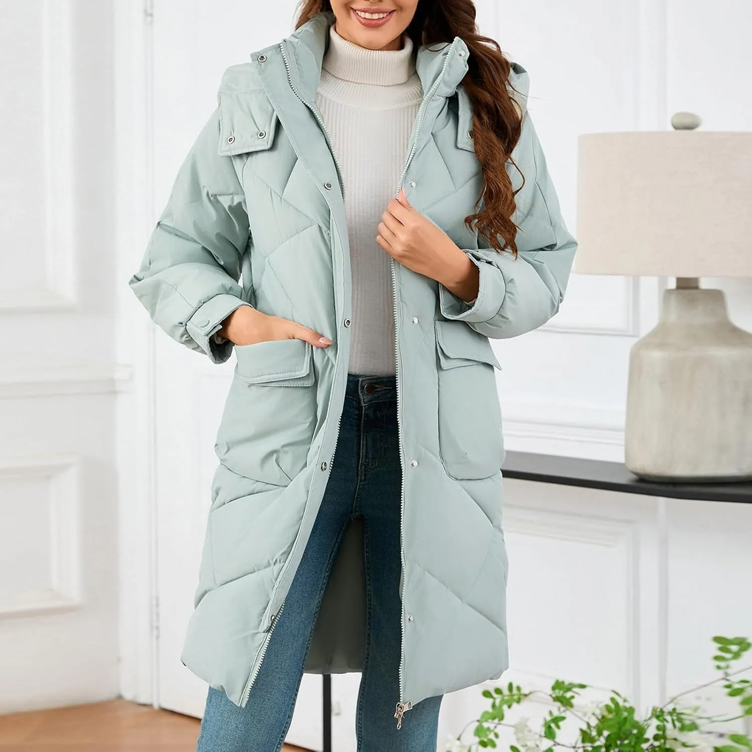 Winter Down Jacket Coat for Women Winter Long Puffer Hooded Zip Up Thickened Down Jackets Trendy Clothes Outerwear