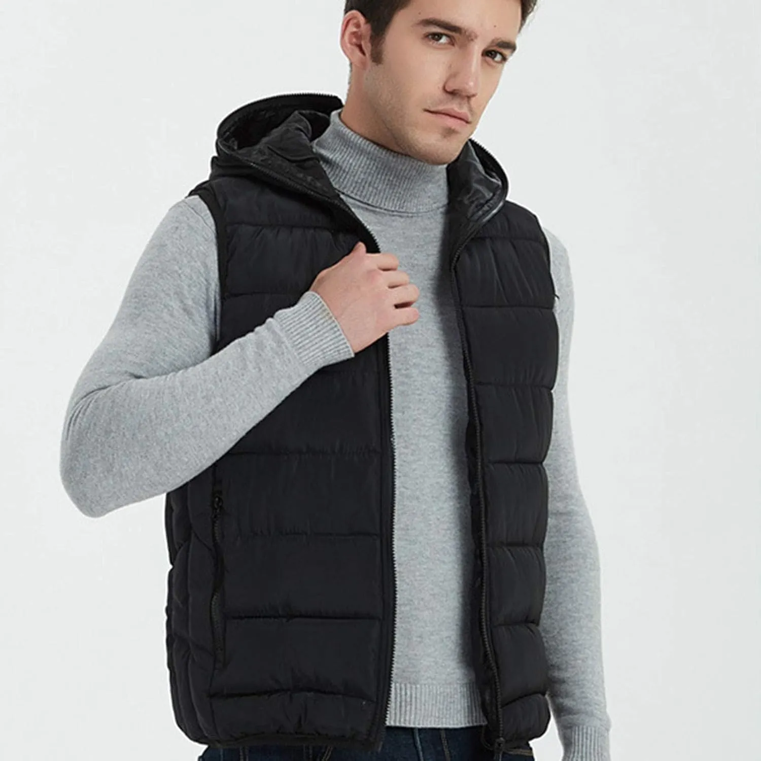 Winter Men Puffer Vest Hooded Sleeveless Padded Down Jacket Casual Outdoor Warm Quilted Vest with Pockets