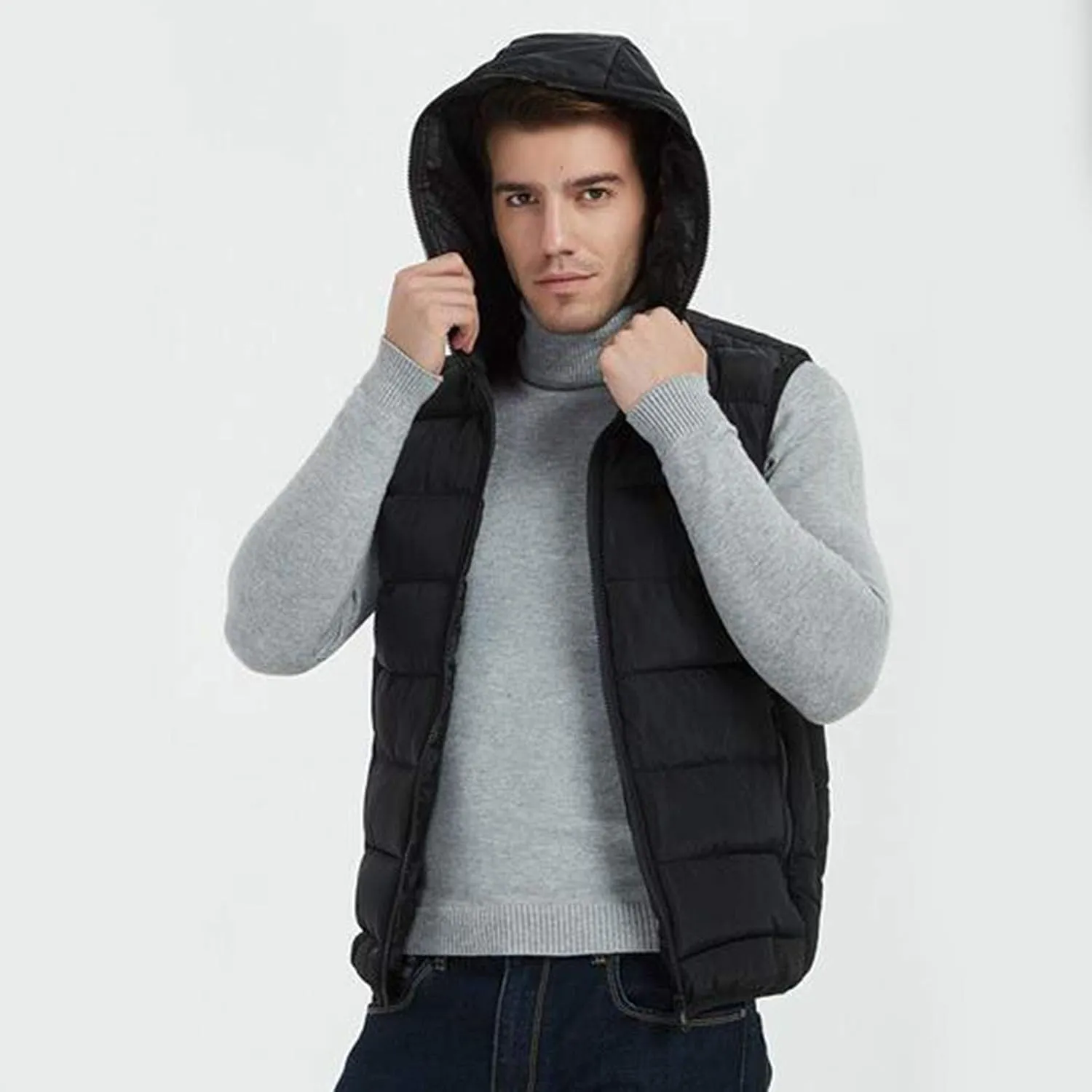 Winter Men Puffer Vest Hooded Sleeveless Padded Down Jacket Casual Outdoor Warm Quilted Vest with Pockets