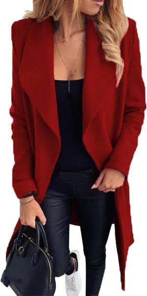 WIWIQS Women's Elegant Long Sleeve Wool Blend Pea Coat Open Front Mid-Long Overcoat