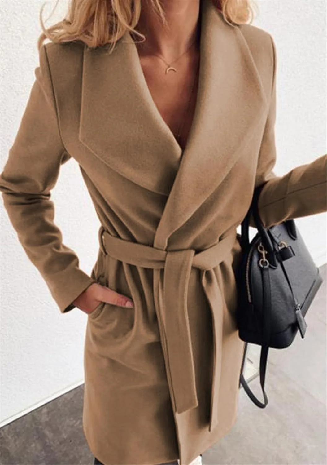 WIWIQS Women's Elegant Long Sleeve Wool Blend Pea Coat Open Front Mid-Long Overcoat