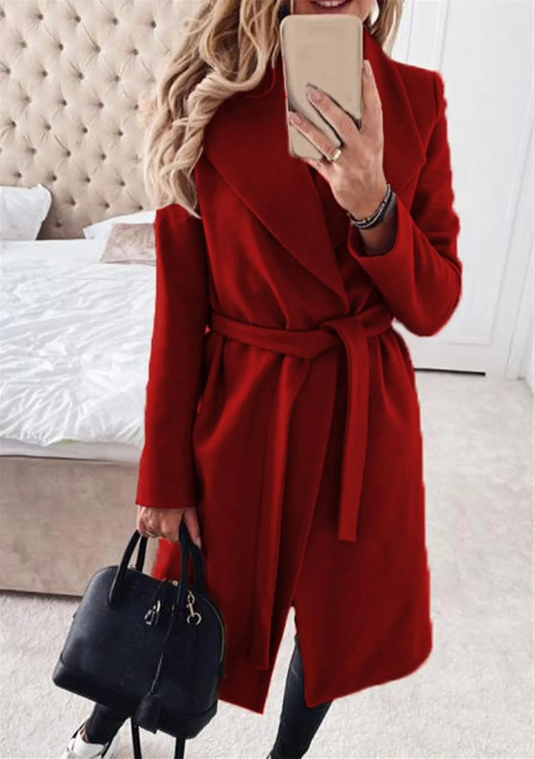 WIWIQS Women's Elegant Long Sleeve Wool Blend Pea Coat Open Front Mid-Long Overcoat