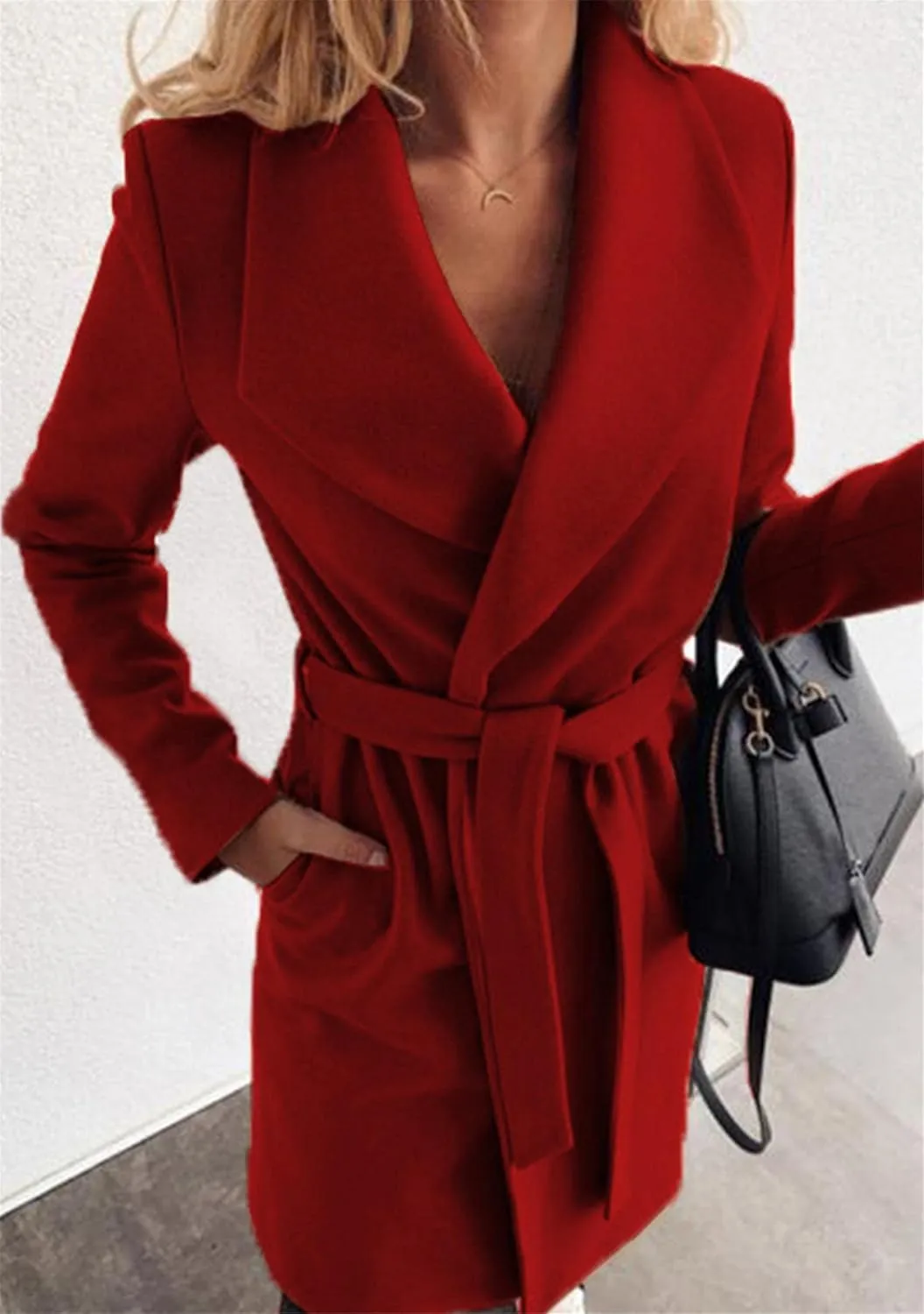 WIWIQS Women's Elegant Long Sleeve Wool Blend Pea Coat Open Front Mid-Long Overcoat