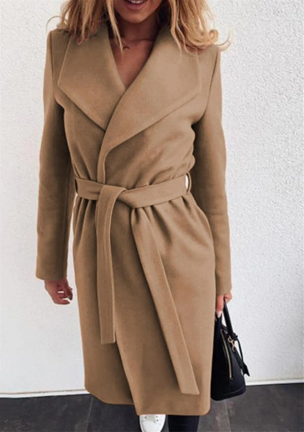 WIWIQS Women's Elegant Long Sleeve Wool Blend Pea Coat Open Front Mid-Long Overcoat