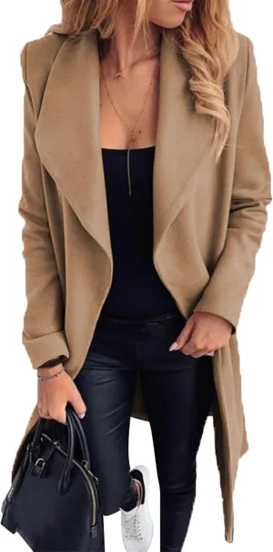 WIWIQS Women's Elegant Long Sleeve Wool Blend Pea Coat Open Front Mid-Long Overcoat