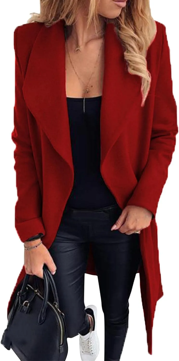 WIWIQS Women's Elegant Long Sleeve Wool Blend Pea Coat Open Front Mid-Long Overcoat