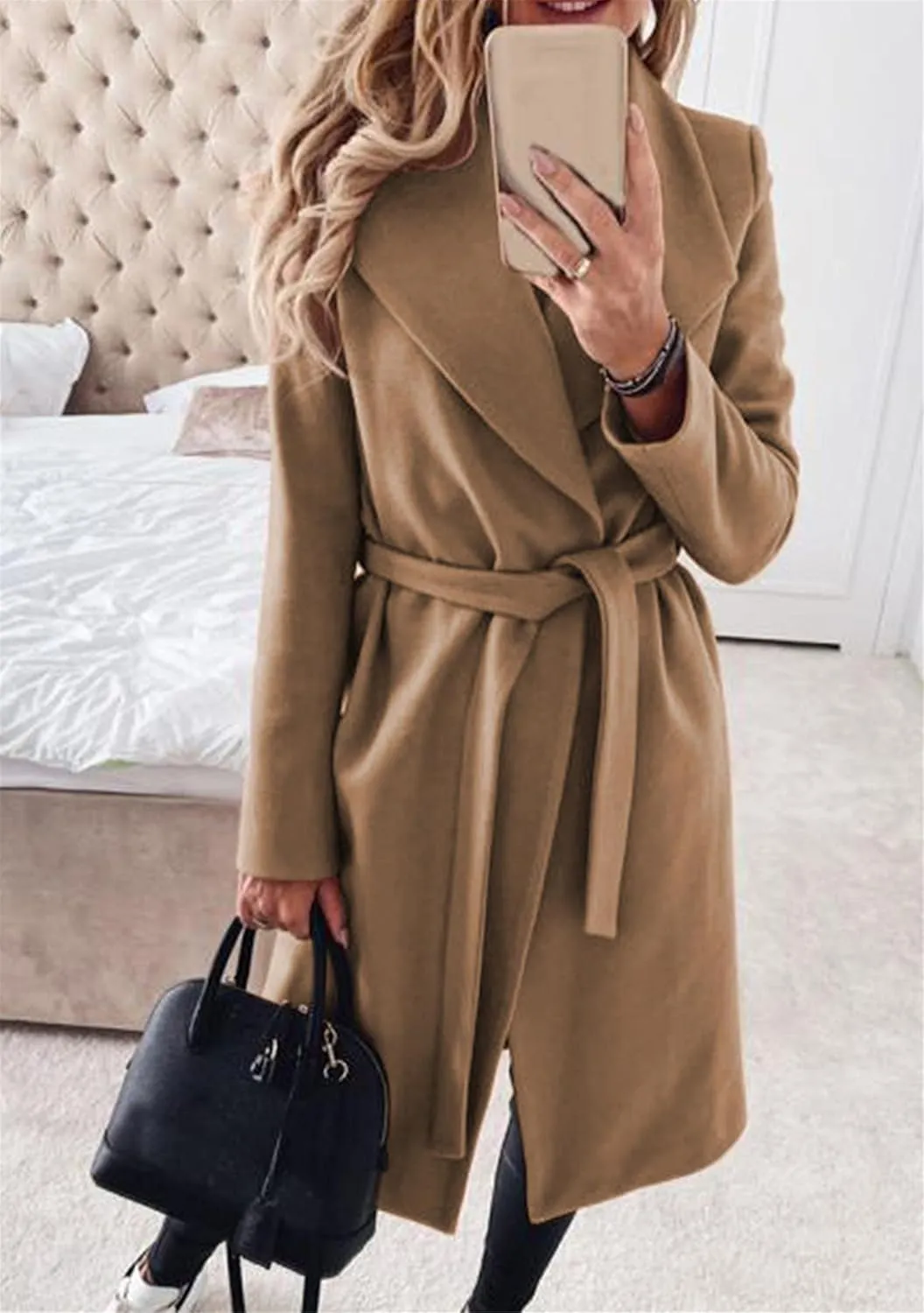 WIWIQS Women's Elegant Long Sleeve Wool Blend Pea Coat Open Front Mid-Long Overcoat