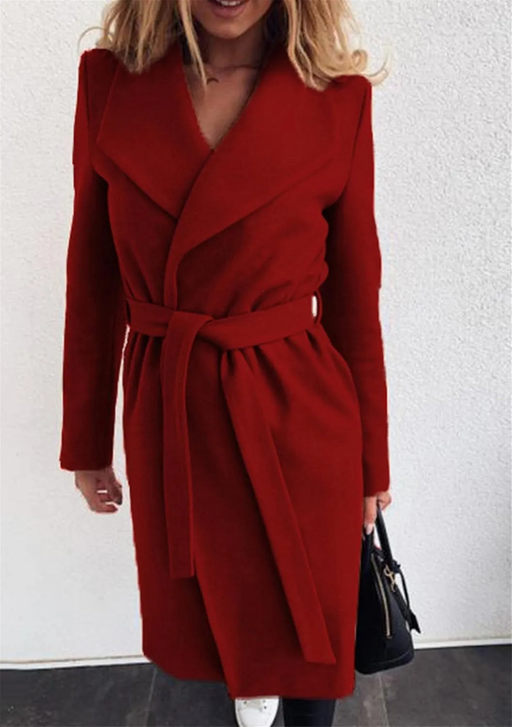 WIWIQS Women's Elegant Long Sleeve Wool Blend Pea Coat Open Front Mid-Long Overcoat