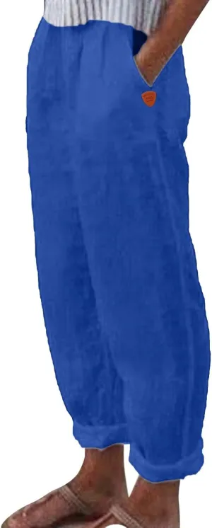 Women Casual Pants Solid Color Elastic Waist Trouser Summer Loose Straight Leg Pant with Pocket Breathable Sweatpants