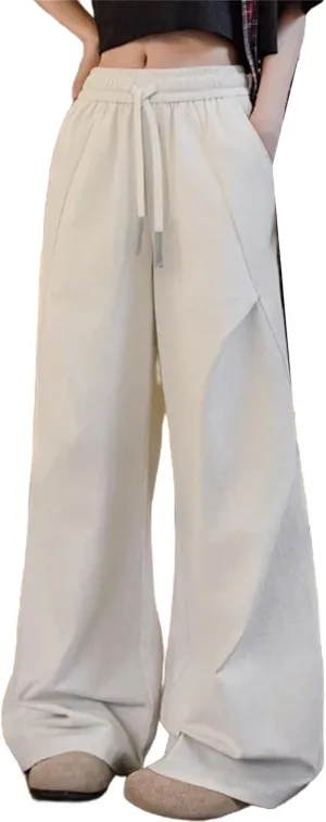 Women Casual White Pleated Pants Elastic Waist Wide Leg Cargo Sweatpants Floor-Length Trousers Versatile Bottoms