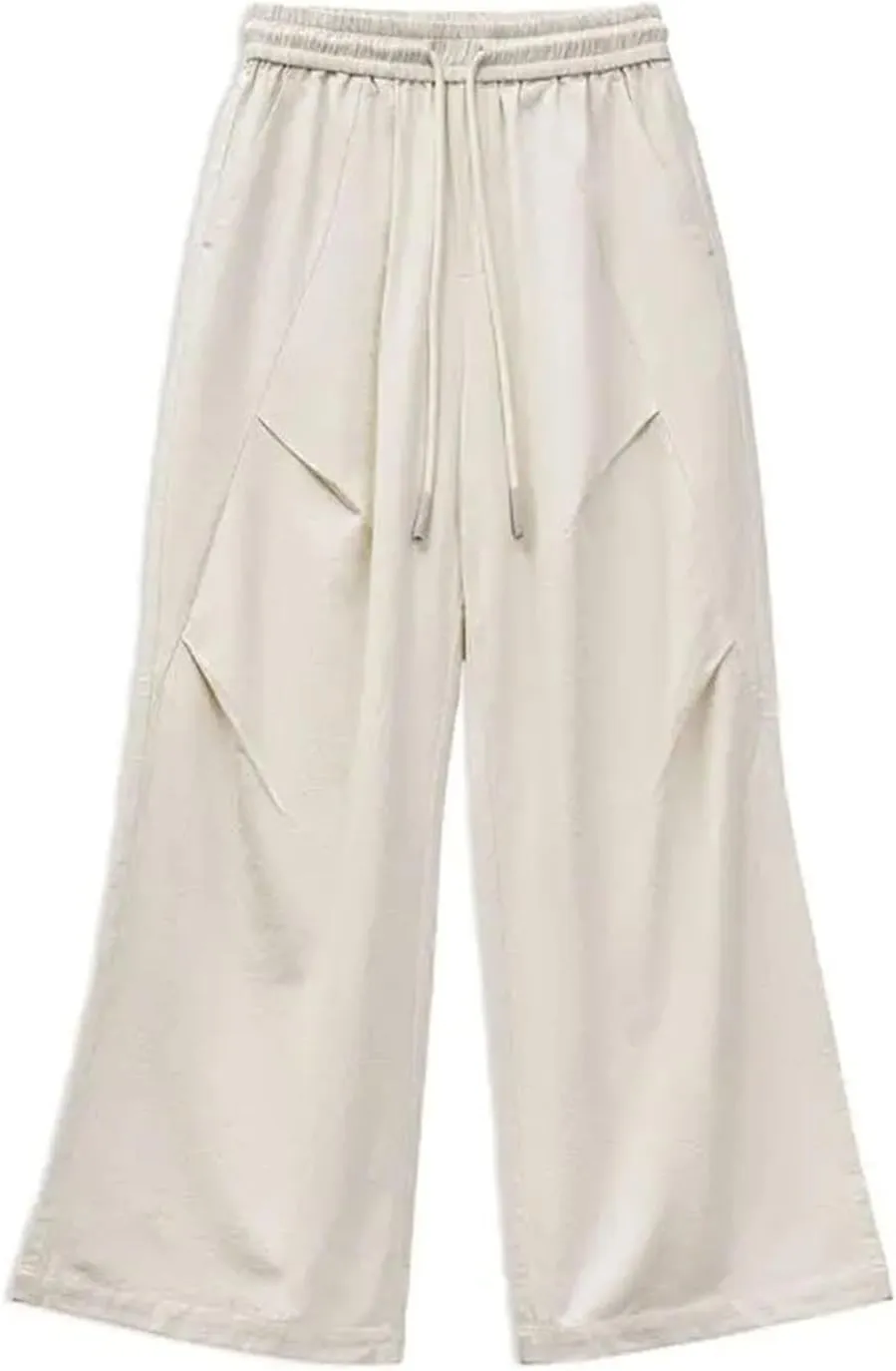 Women Casual White Pleated Pants Elastic Waist Wide Leg Cargo Sweatpants Floor-Length Trousers Versatile Bottoms