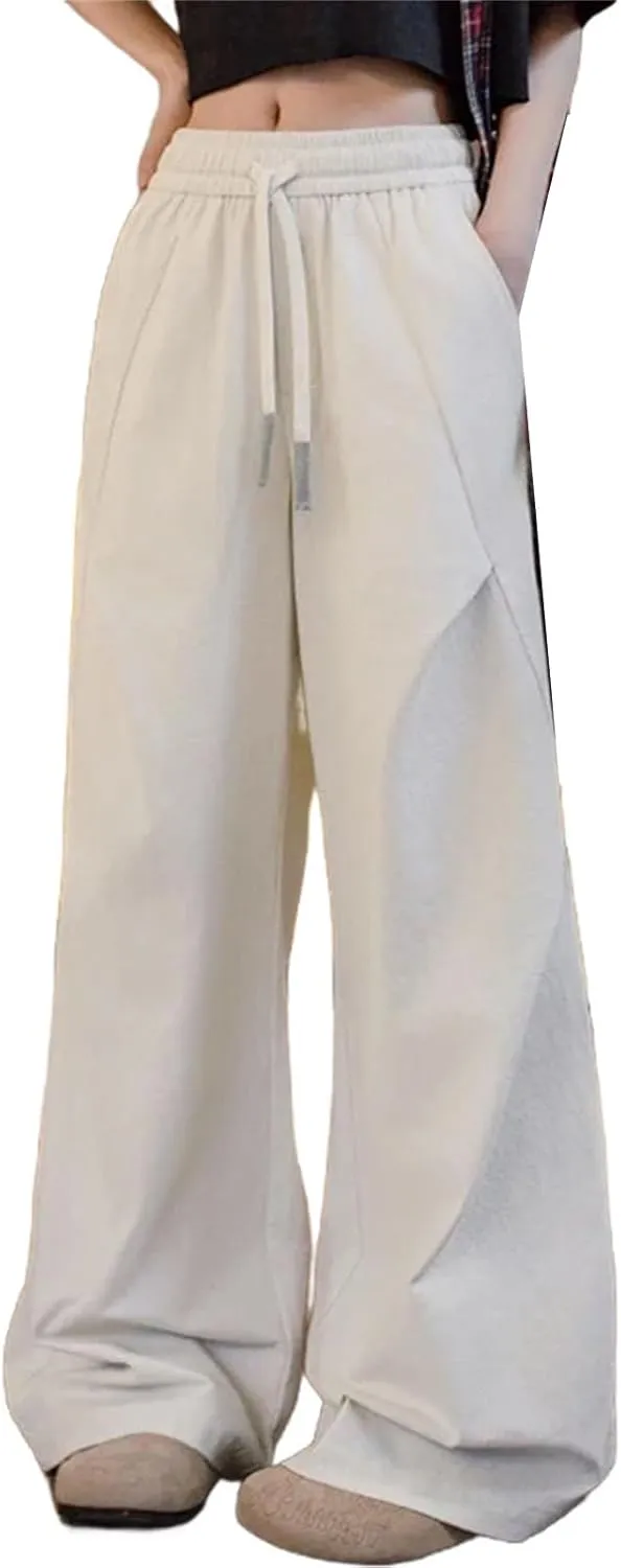 Women Casual White Pleated Pants Elastic Waist Wide Leg Cargo Sweatpants Floor-Length Trousers Versatile Bottoms