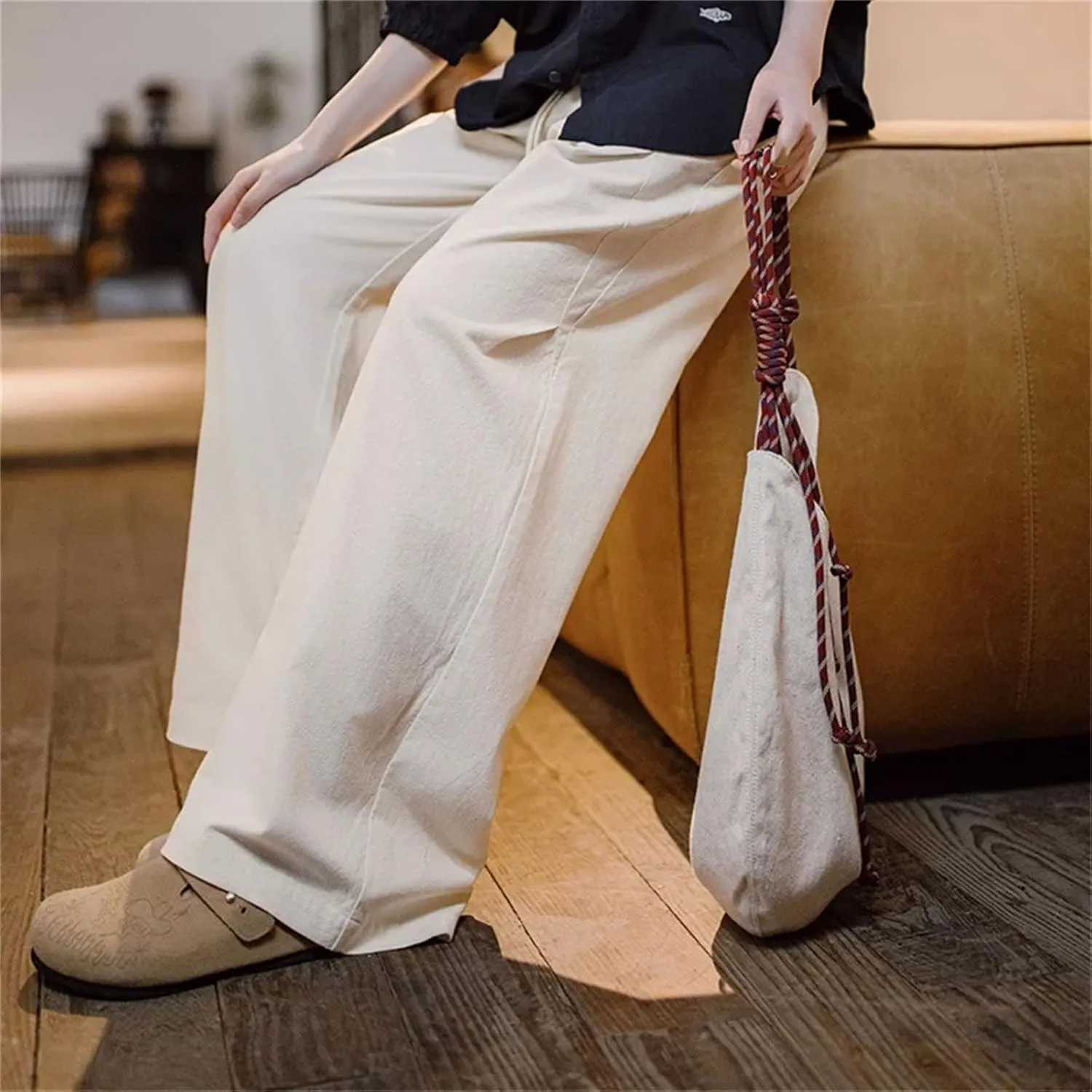 Women Casual White Pleated Pants Elastic Waist Wide Leg Cargo Sweatpants Floor-Length Trousers Versatile Bottoms