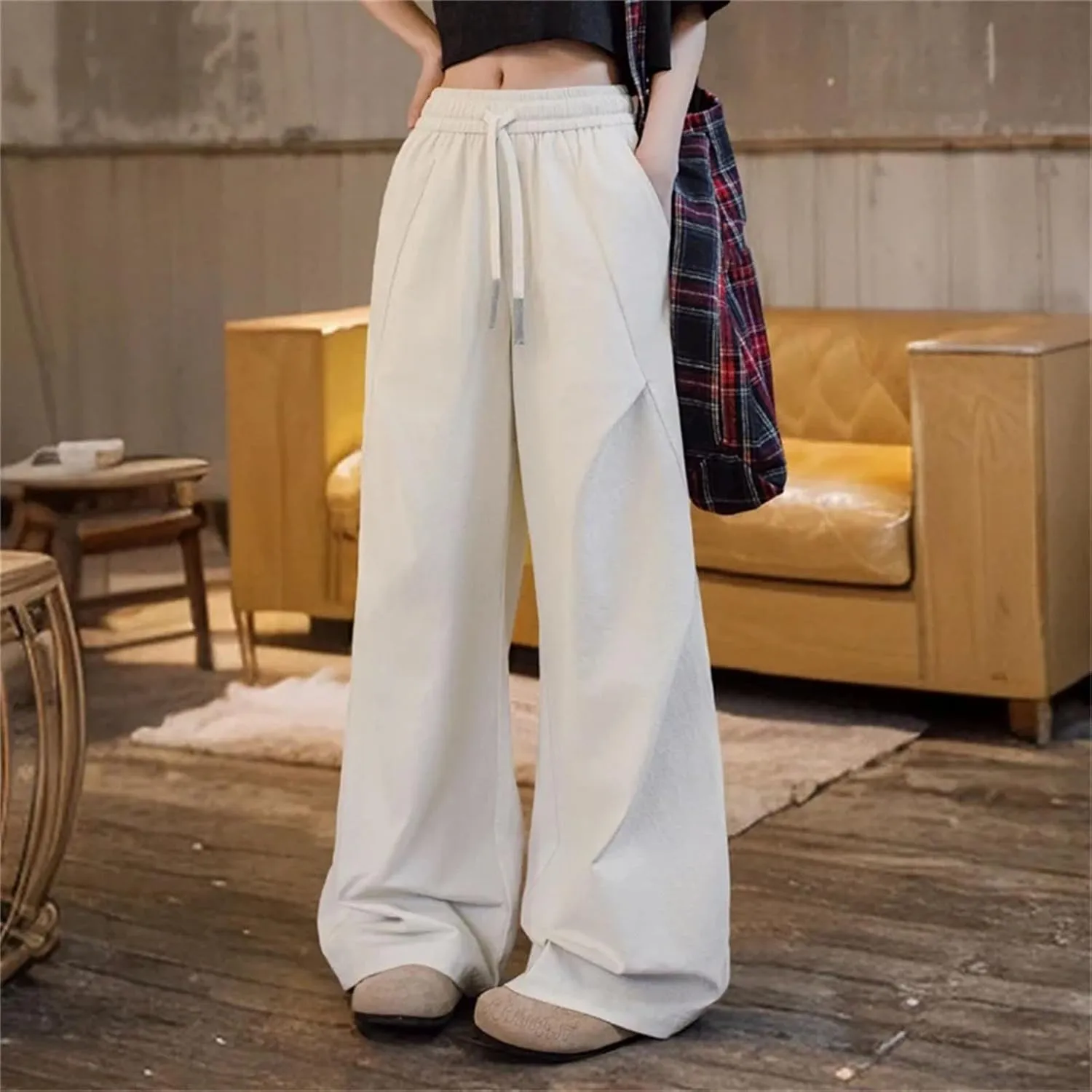 Women Casual White Pleated Pants Elastic Waist Wide Leg Cargo Sweatpants Floor-Length Trousers Versatile Bottoms