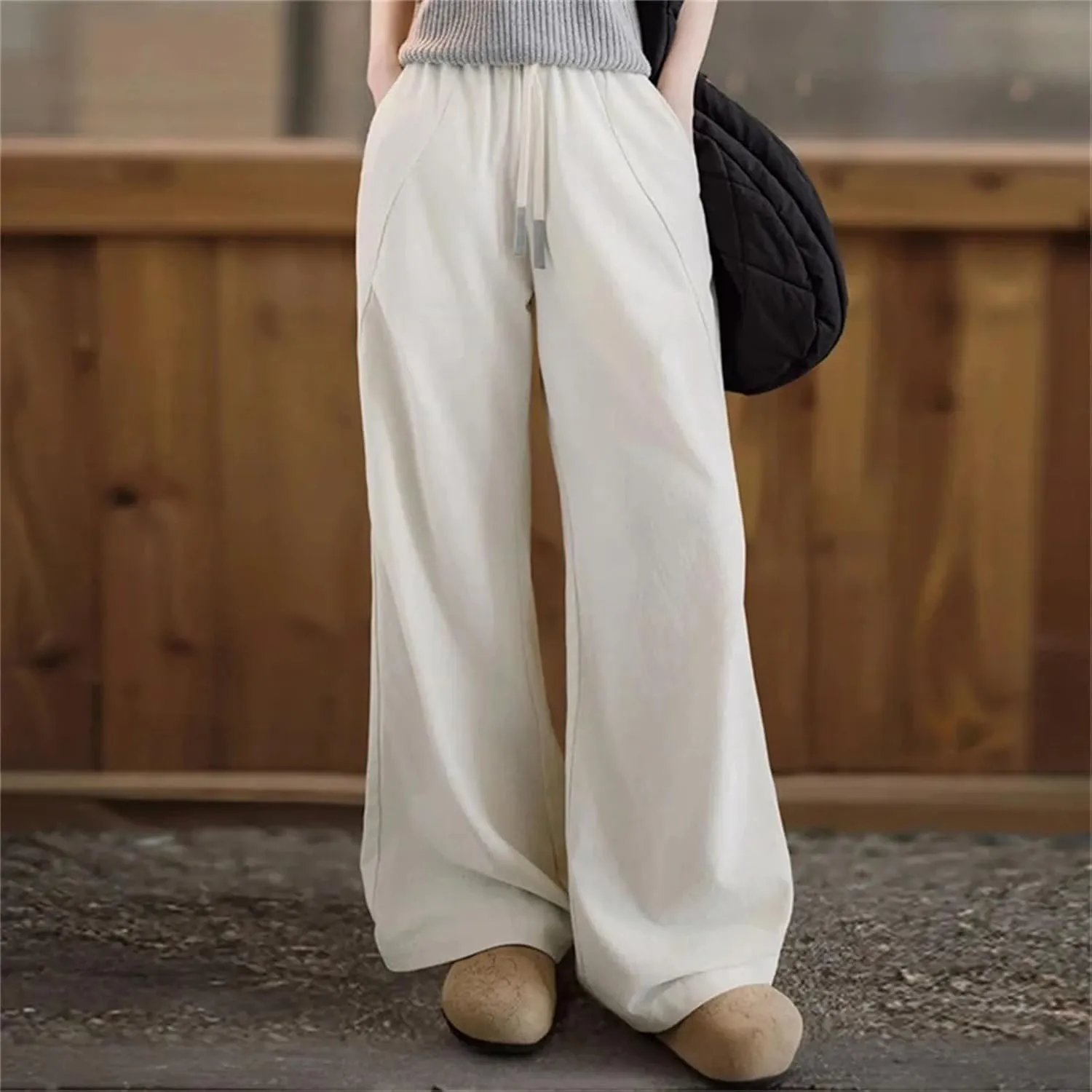 Women Casual White Pleated Pants Elastic Waist Wide Leg Cargo Sweatpants Floor-Length Trousers Versatile Bottoms