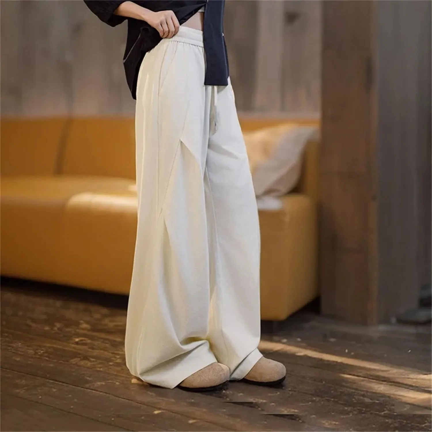 Women Casual White Pleated Pants Elastic Waist Wide Leg Cargo Sweatpants Floor-Length Trousers Versatile Bottoms