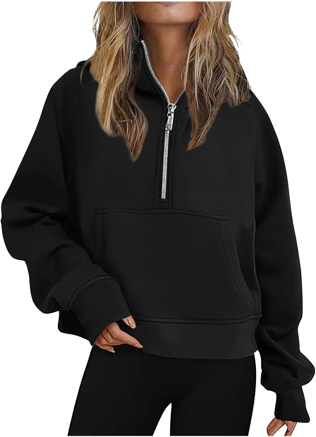 Women Cropped Sweatshirt Fashion Hoodies Casual Long Sleeve Half Zip Fleece Pullover Loose Workout Jackets with Pockets