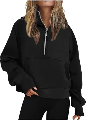 Women Cropped Sweatshirt Fashion Hoodies Casual Long Sleeve Half Zip Fleece Pullover Loose Workout Jackets with Pockets