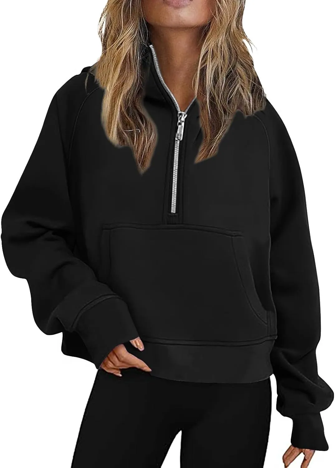 Women Cropped Sweatshirt Fashion Hoodies Casual Long Sleeve Half Zip Fleece Pullover Loose Workout Jackets with Pockets