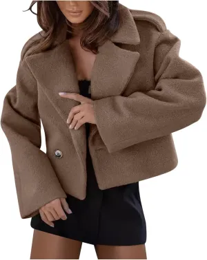 Women Cropped Wool Blend Pea Coat Short Winter Jacket Peacoat Long Sleeve Button Down Crop Blazer Jacket Outerwear