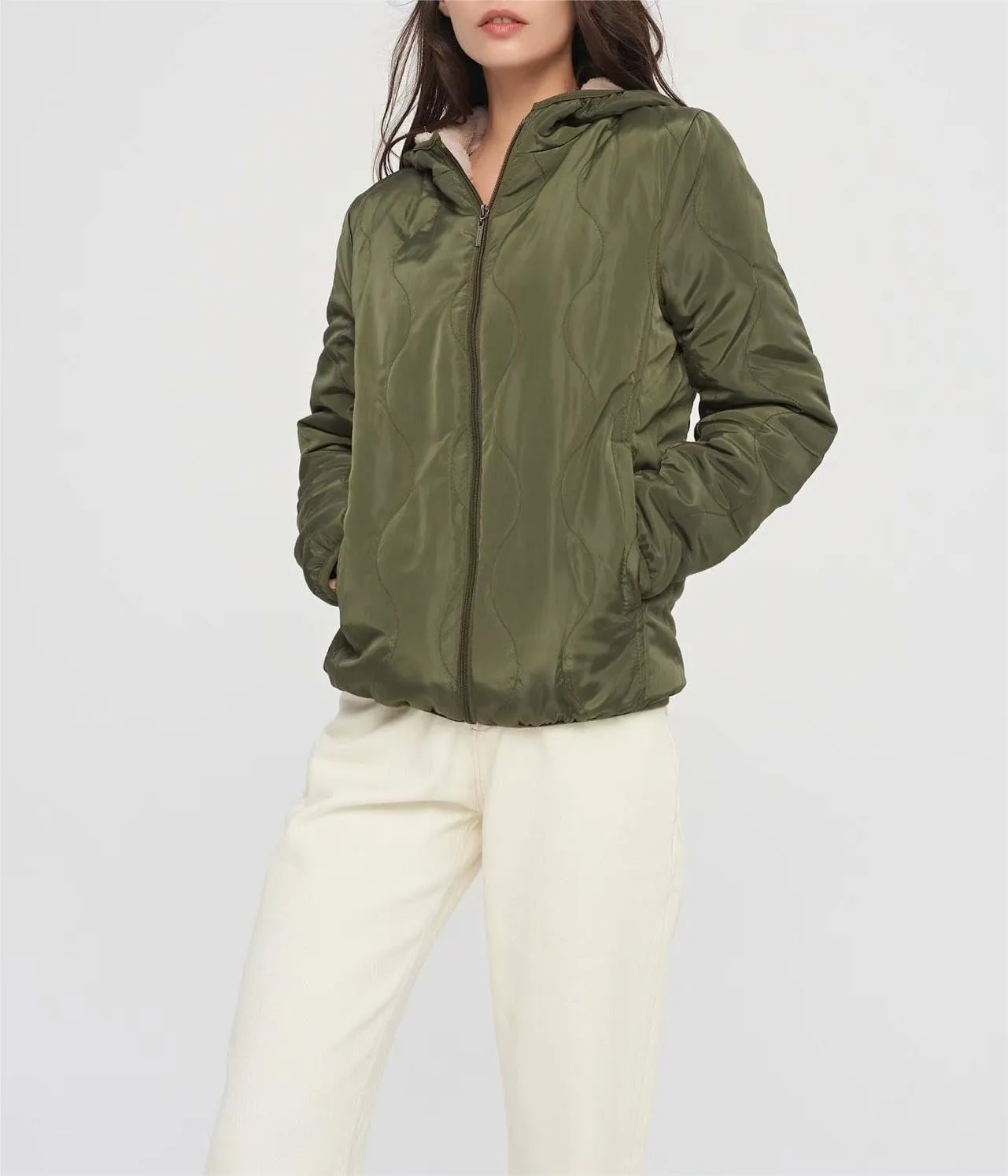 Women Fleece Jacket Winter Quilted Jackets Sherpa Lined Packable Warm Puffer Down Coat Lightweight Hooded Outerwear