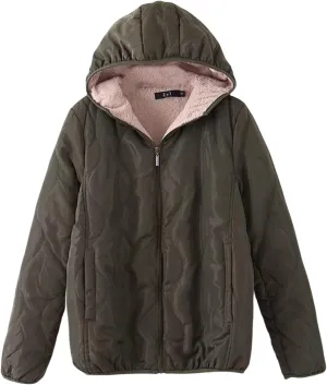 Women Fleece Jacket Winter Quilted Jackets Sherpa Lined Packable Warm Puffer Down Coat Lightweight Hooded Outerwear